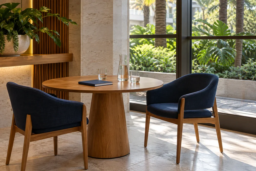 Mesa de reunião com cadeiras, luz natural e jardim ao fundo. Imagem conceitual.