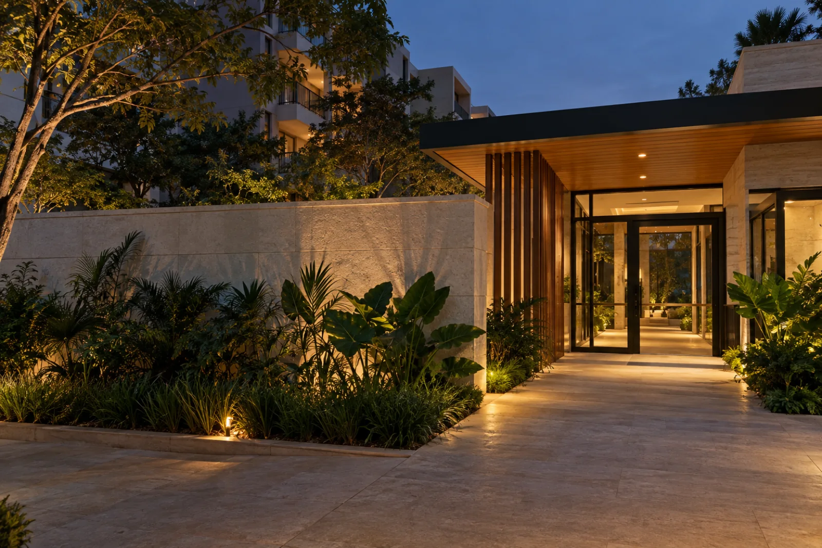 Arquitetura e jardins de um edifício residencial ao anoitecer. Imagem conceitual.