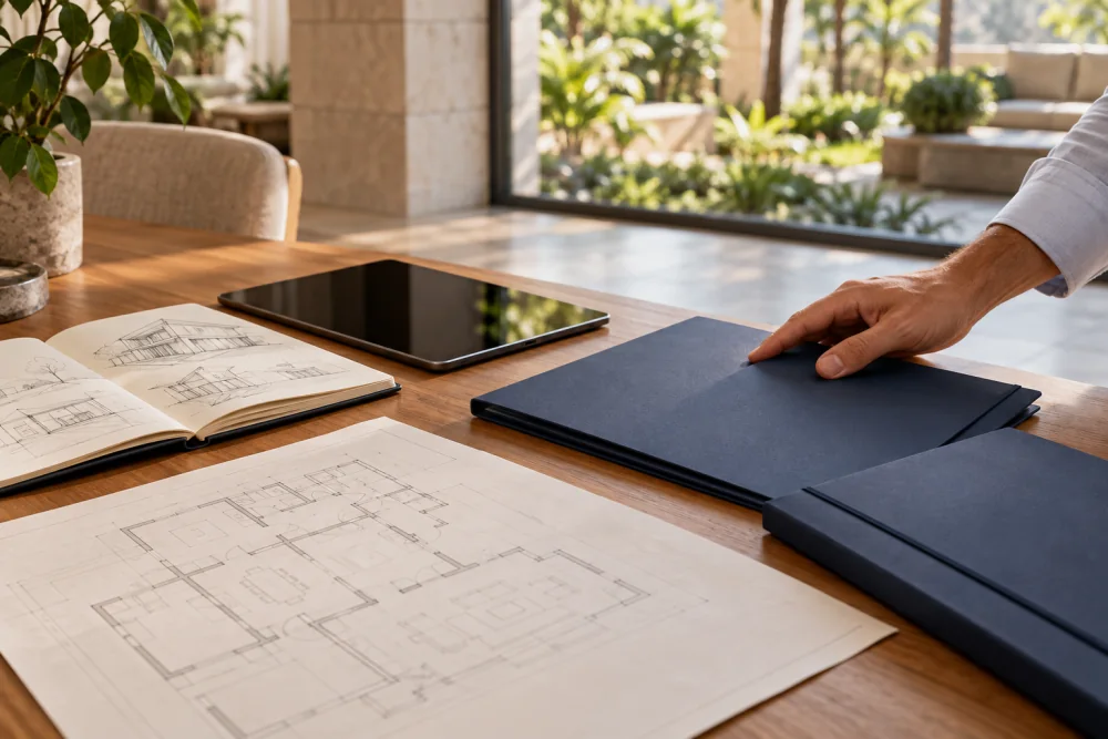 Documentos, plantas e material de planejamento sobre uma mesa. Imagem conceitual.