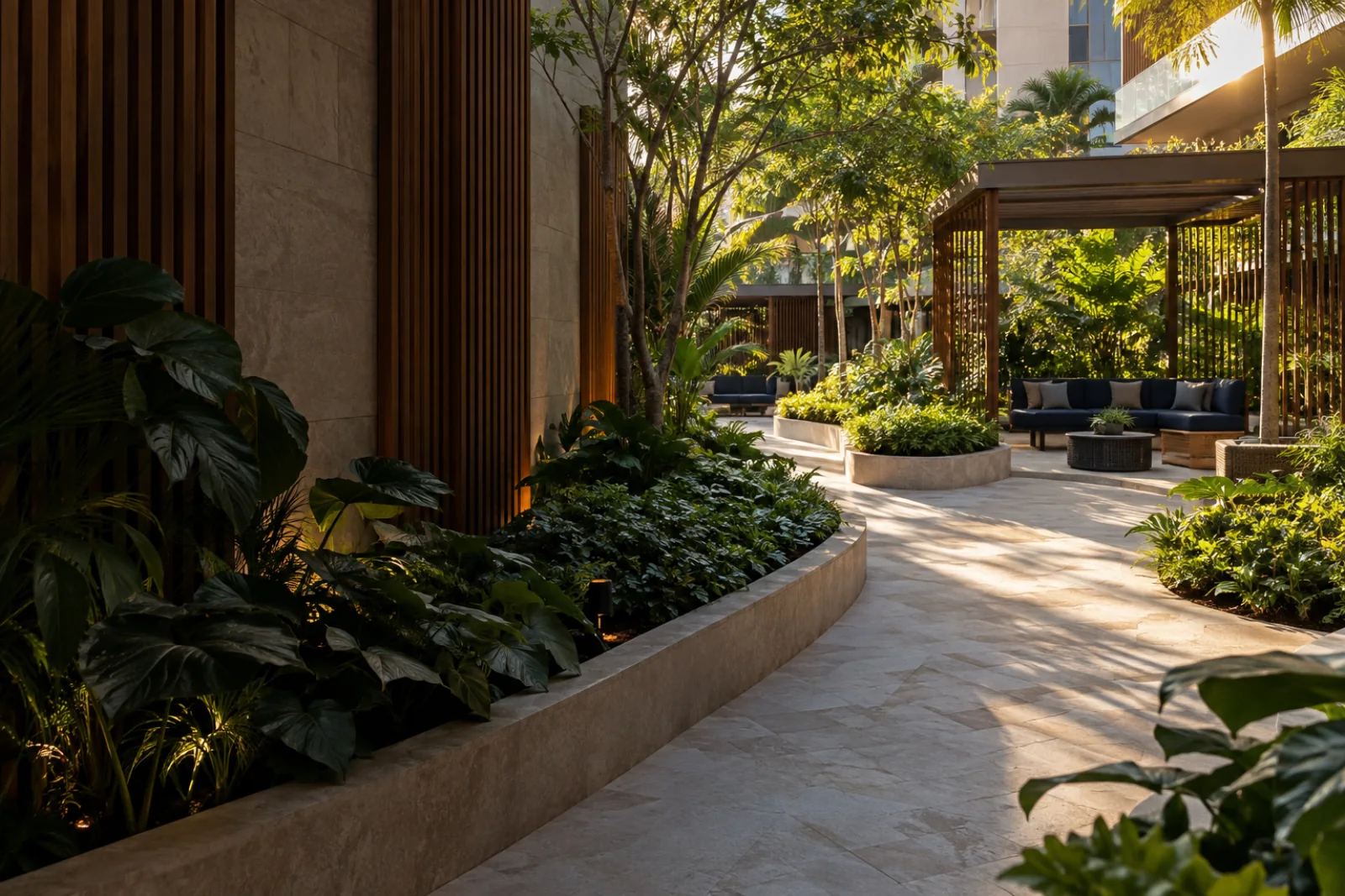 Pátio residencial com caminhos, jardins e espaços de convivência. Imagem conceitual.